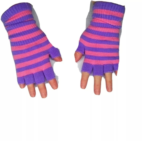 Fingerless Gloves Women Girly Girl Pink Purple Stripe Texting Smoking Fashion - Picture 2 of 4
